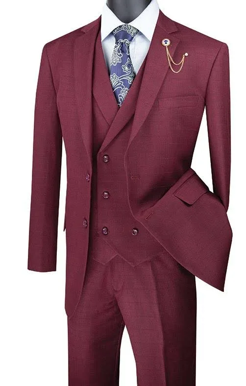 Vinci Men's Burgundy Regular Fit Glen Plaid 2 Button 3 Piece Suit 60 Regular - 56 Waist, Burgundy