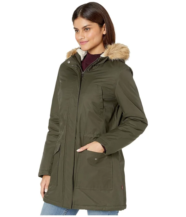 Levi&s Women's Hooded Fishtail Parka with Faux-Fur Trim - Army Green