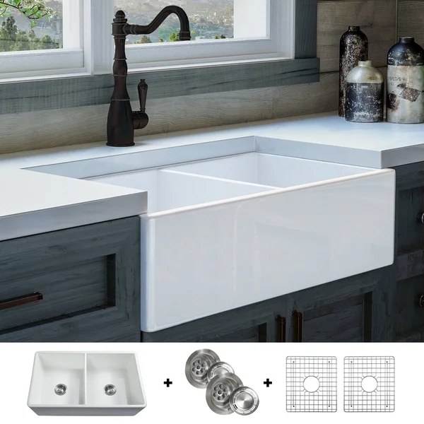 Fossil Blu Luxury 33 in. Ultra Fine Fireclay Modern Farmhouse Kitchen Sink in White - Double Bowl with Flat Front, Includes Drain