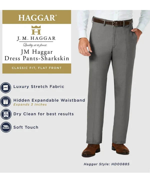 Men's J.M. Haggar Premium Classic-Fit Stretch Sharkskin Flat-Front Hidden Expandable Waist Dress Pants - Size: 40x32, Dark Grey