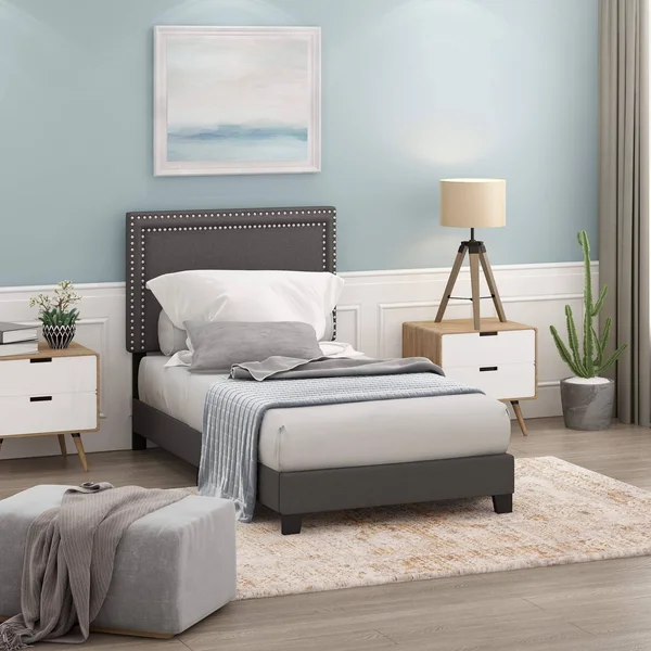 Furinno Laval Double Row Nail Head Bed Frame - 12pc Slat Style, Stone, Twin