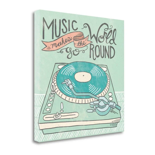 Retro Record Player Gray by Mary Urban Wrapped Canvas Wall Art