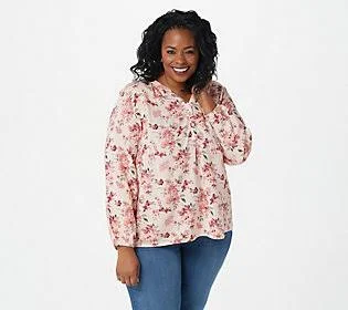 Denim & Co. Printed V-Neck Long Sleeve Blouse - Size 2X, Blush