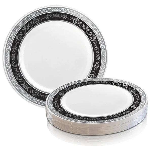 Royal 10.25x22 White with Black and Silver Rim Disposable Plastic Dinner Plates - Posh Party Supplies