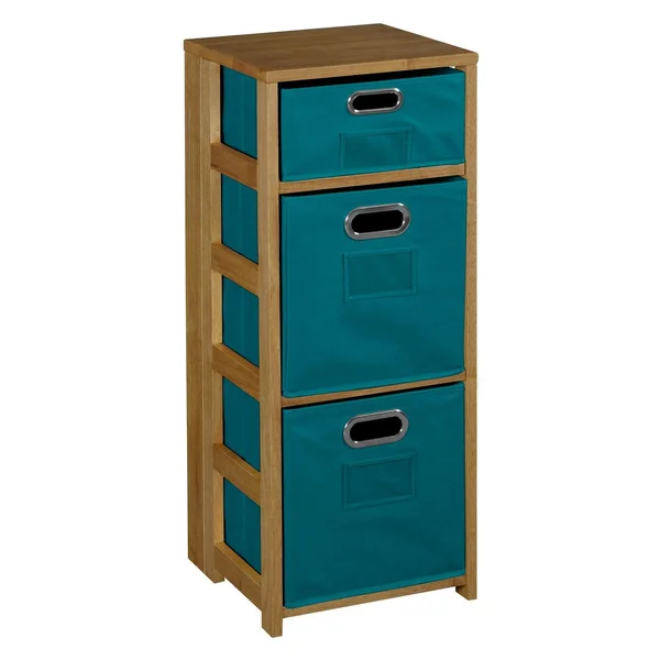 Fairway 34x22 Square Folding Bookcase with Folding Fabric Bins- Medium Oak/Teal