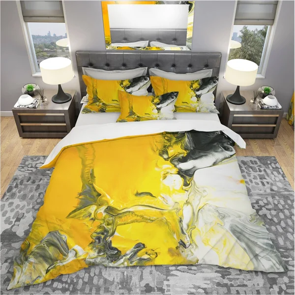 Designart &White and Yellow Marbled Acrylic with A Cloud of Black& Modern & Contemporary Bedding Set - Duvet Cover & Sha