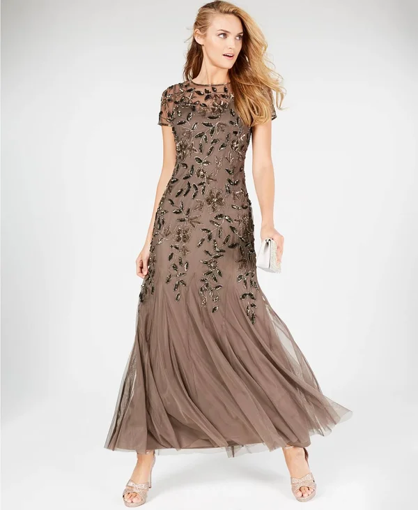 Adrianna Papell Floral-Beaded Gown Brown Size 10