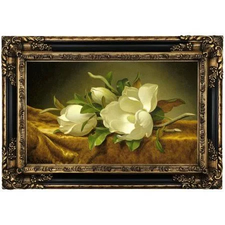 Historic Art Gallery Magnolias on Gold Velvet Cloth Framed Print on Canvas Format: Black/Gold Framed - Size: 17.25x22 H x 25.25x2