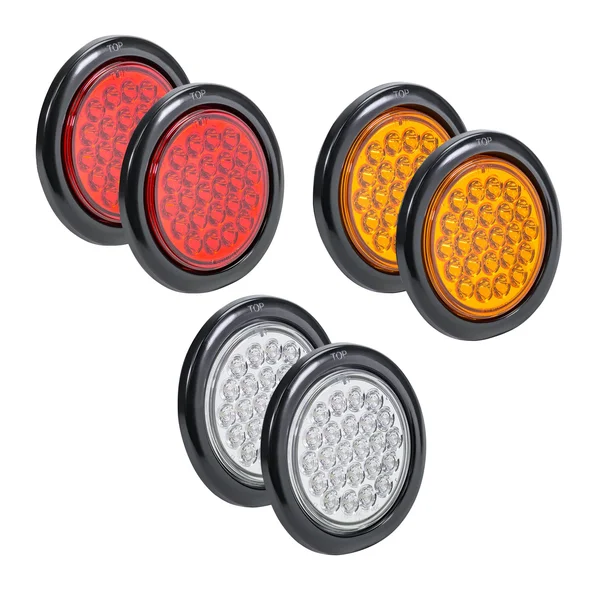 OLS 2 Amber + 2 Red + 2 White 4x22 Round (24) LED Trailer Tail Light Kit - Dot Certified Stop Turn Brake REVERSE Back Up Tail Li
