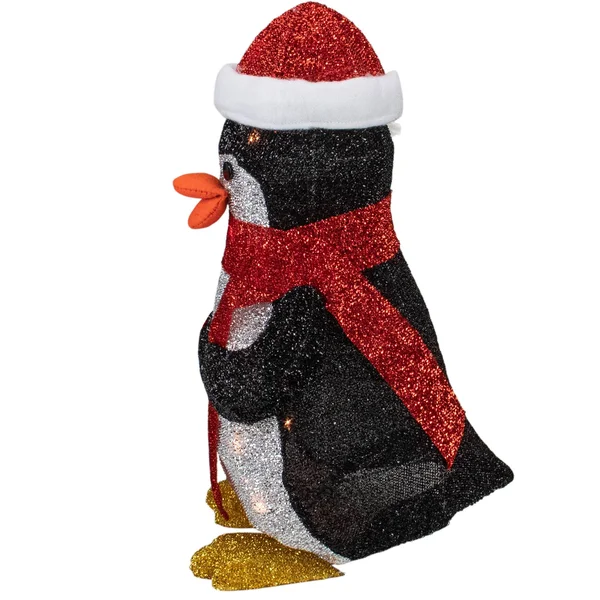 Northlight 19.5x22 Lighted Tinsel Penguin with Santa Hat Christmas Yard Art Decoration
