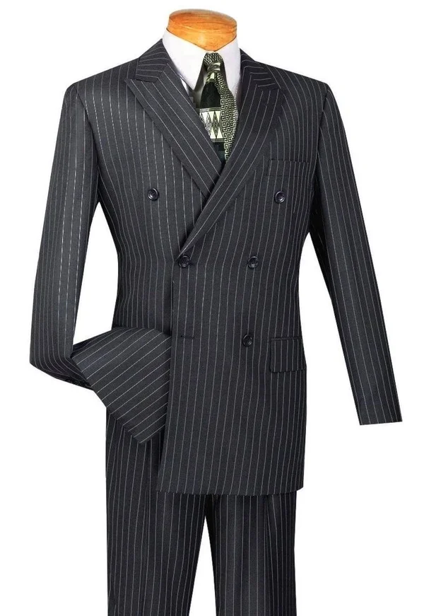 Vinci Men's Rockefeller Collection - Double Breasted Stripe Suit Charcoal Regular Fit 2 Piece 40 Long - 34 Waist - Charcoal