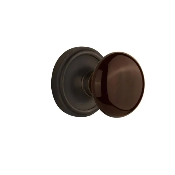 Nostalgic Warehouse 710443 Classic Rosette Passage Brown Porcelain Door Knob - Oil-Rubbed Bronze