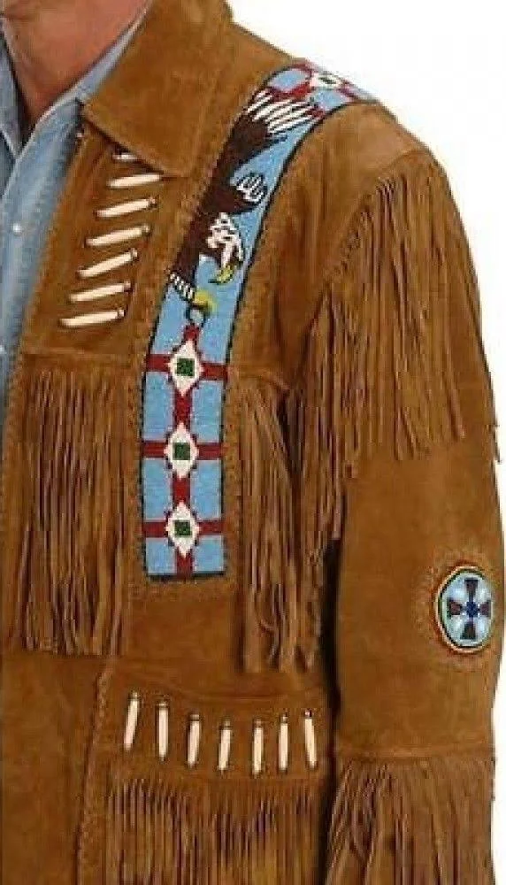 Mens Tobacco or Black Eagle Beaded Premium Suede Leather Western Fring