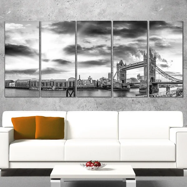 Design Art Black and White View of London Panorama - Cityscape Canvas Print - 60 in. Wide x 28 in. High - 5 Equal Panels