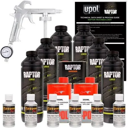 Custom Shop U-POL Raptor Bright Silver Urethane Spray-On Truck Bed Liner Kit w/ Free Custom Coat Spray Gun with Regulator - 6 Lit