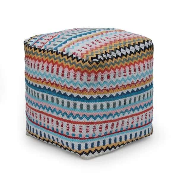 Noble House Rawson Fabric Handcrafted Peruvian Print Cube Pouf, Multi-Colored and White