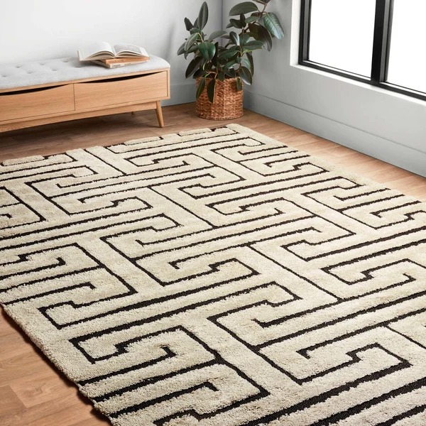Alexander Home Julian Modern Greek-Key Shag Area Rug - 5&3x22 x 7&7x22 - Ivory/Dark Brown