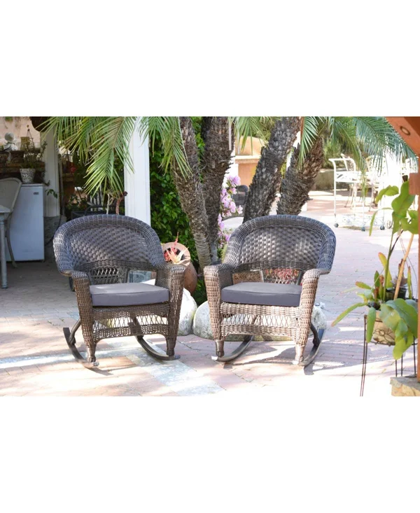 Jeco W00205R-C_2-FS033 Honey Rocker Wicker Chair with Steel Blue Cushion - Set of 2
