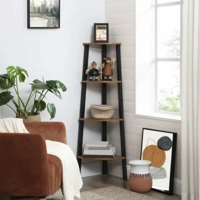 Industrial Corner Shelf - 4-Tier Bookcase, Storage Rack, Plant Stand for Home Office, Wood Look Accent Furniture with Metal Frame