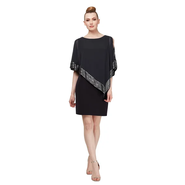 SL Fashions Metallic-Trim Capelet Sheath Dress - Black/Silver