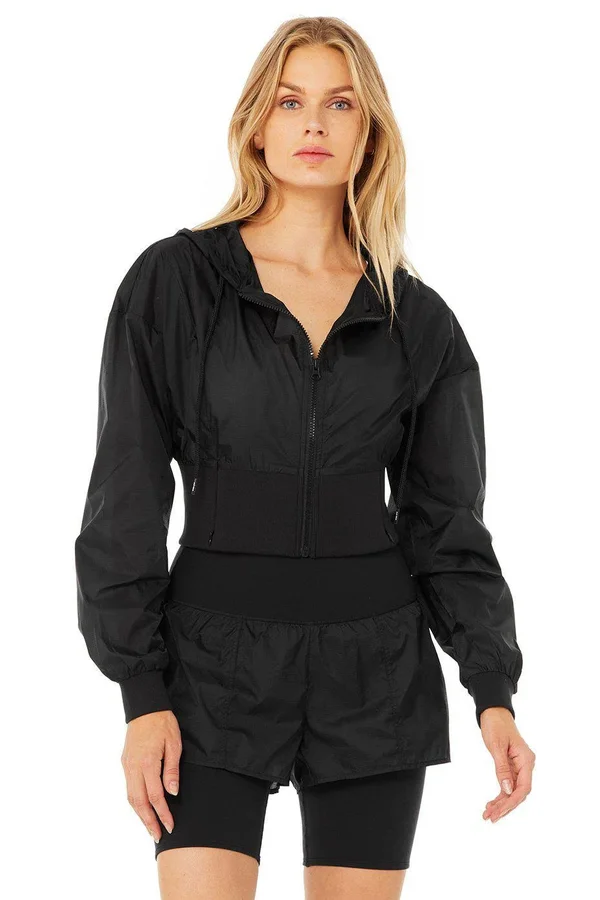 Alo Yoga Nebula Zip-Front Hooded Crop Jacket, Black, Women's, Small
