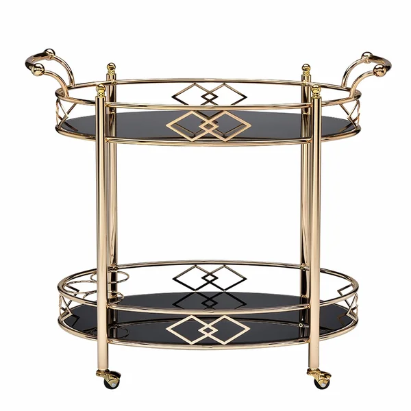Benzara Metal Framed Serving Cart with Tempered Glass Top and Open Bottom Shelf - Gold and Black
