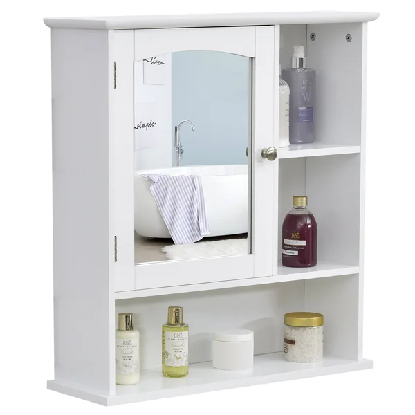 Kleankin Bathroom Cabinet Wall Mount Storage Organizer with Mirror Adjustable Shelf Wood Medicine Cabinet White