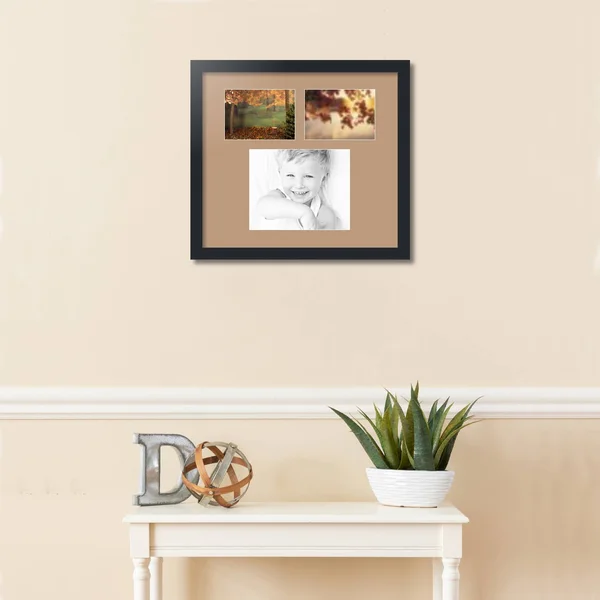 Collage Picture Frame - Satin Black Frame with 3 openings for 8x10 Photos with Brown Desert Sand Mat. D3926DZ488, ArtToFrames