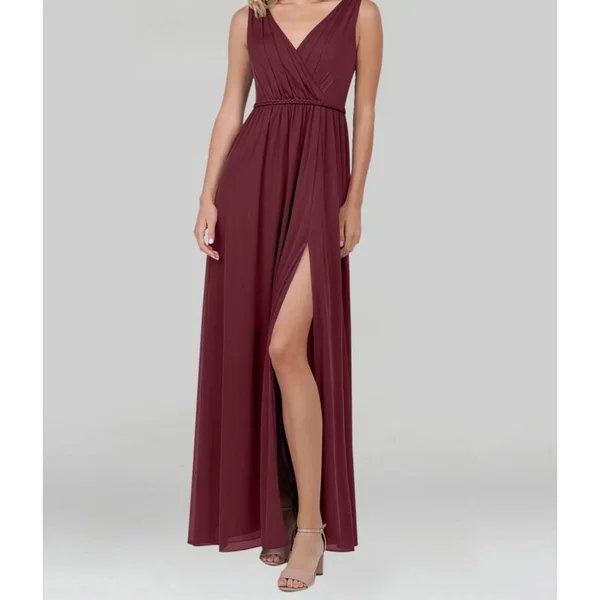 Azazie A-Line/Princess V-Neck Floor-Length Mesh Bridesmaid Dresses - Cabernet