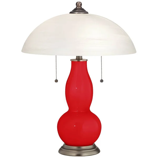Color + Plus Bright Red Gourd-Shaped Table Lamp with Alabaster Shade