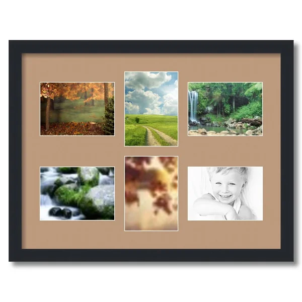 Collage Picture Frame - Satin Black Frame with 6 openings for 5x7 Photos with Brown Desert Sand Mat. D3926DZ473, ArtToFrames