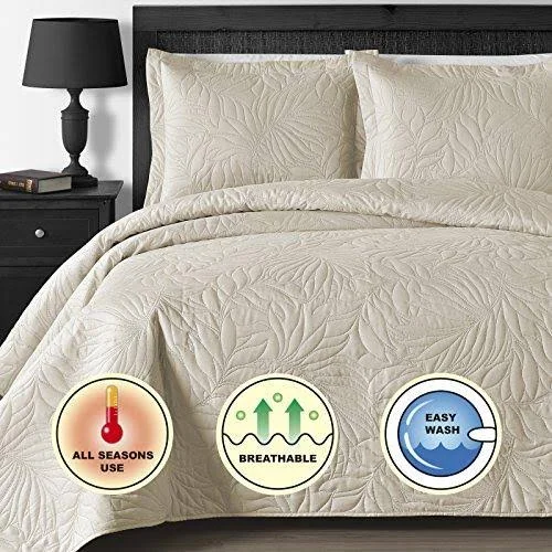 Comfy Bedding Extra Lightweight and Oversized Thermal Pressing Leafage 3-Piece Coverlet Set (King/Cal King, Beige)