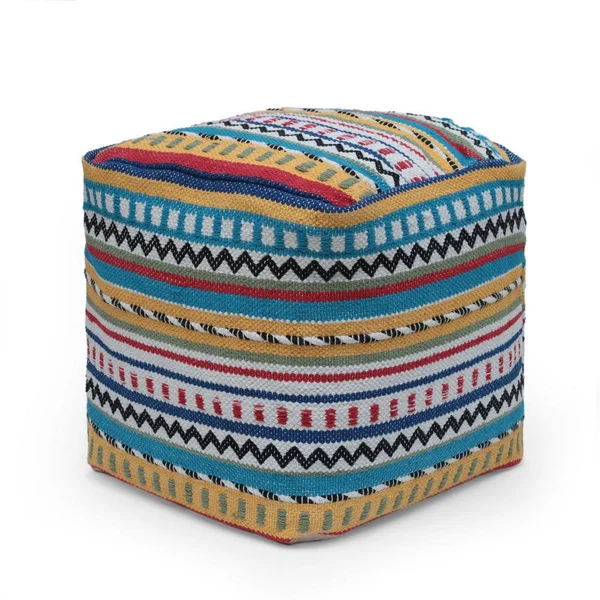 Noble House Rawson Fabric Handcrafted Peruvian Print Cube Pouf - Multi-Colored and Blue
