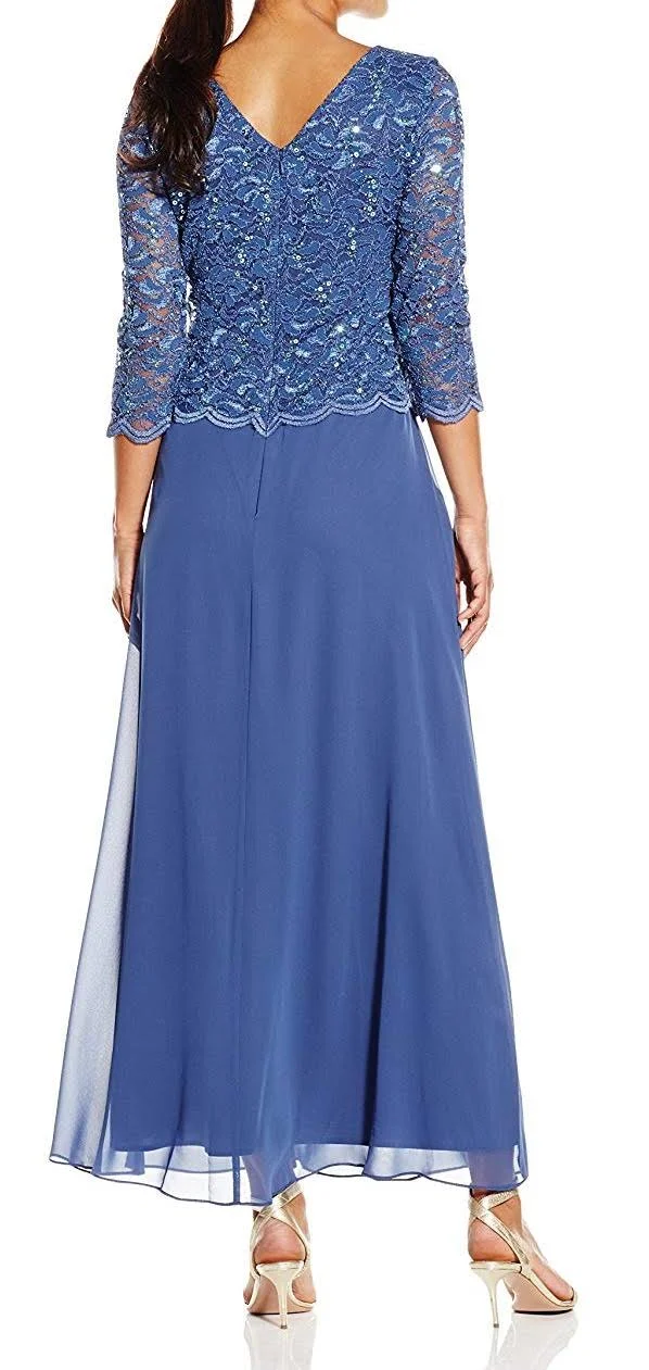 Alex Evenings Blue Women's Size 8p Petite Sequin Lace Maxi Dress
