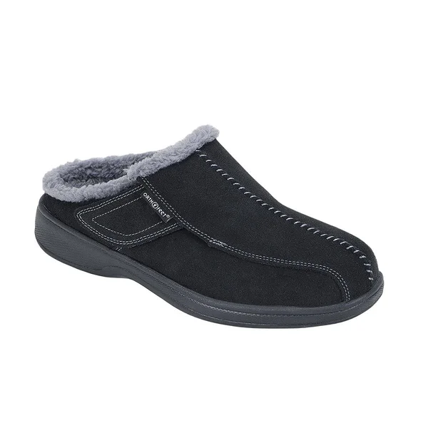 Asheville Men's Black Arch Support Slippers, OrthoFeet, 9.5, Extra Wide, Black