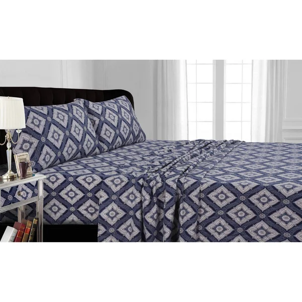 Tribeca Living Flannel Damask Printed Extra Deep Pocket Sheet Set - Assorted - Queen