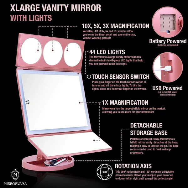 Mirrorvana Xlarge Vanity Mirror with Lights - Extravagant Trifold LED Lighted Makeup Mirror with 3X 5X 10x Magnification & B