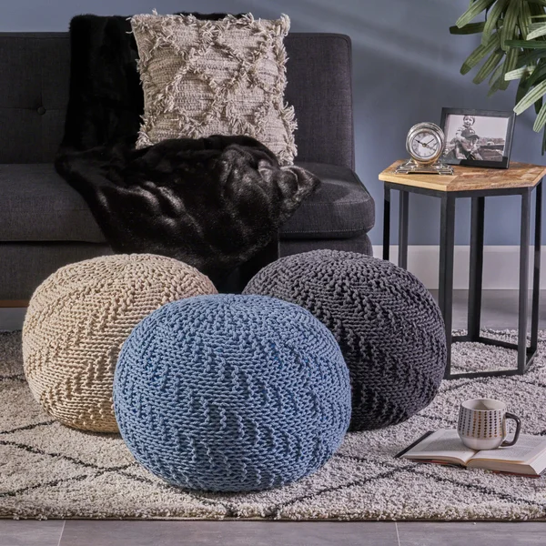 Beryl Knitted Cotton Pouf Teal