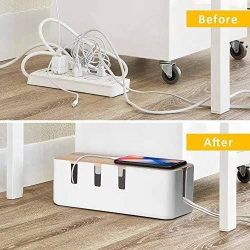 Cable Management Box by Baskiss - 12x5x4.5 Inches, Wood Lid, Cord Organizer for Desk TV Computer USB Hub System to Cover and Hide