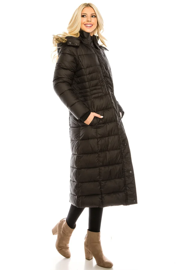 Haute Edition Women's Maxi Length Quilted Puffer with Fur Lined Hood - Grey