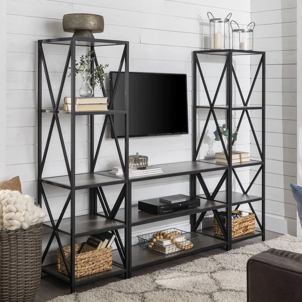 Walker Edison 3-Piece Storage Wall w/ 40x22 X-Console - Slate Grey/Black Metal