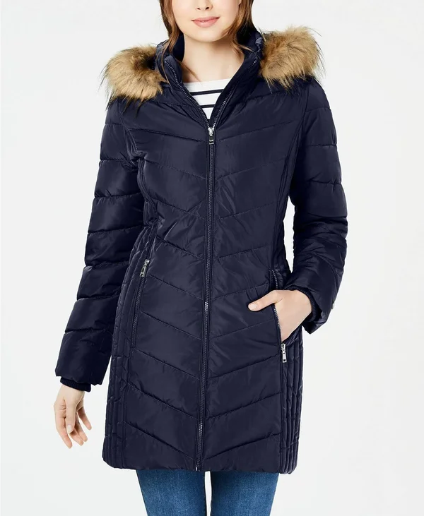 Tommy Hilfiger Womens Faux Fur Trim Chevron Quilted Puffer Coat XL Navy Blue
