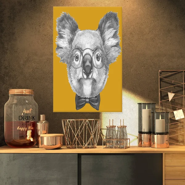 Design Art 'Koala with Glasses and Bow Tie' Graphic Art on Wrapped Canvas, White