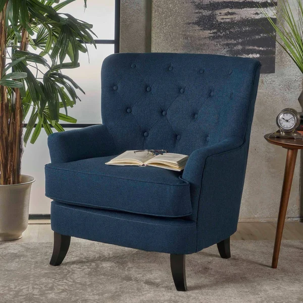 36x22 Blue and Brown Hand Crafted Contemporary Button Tufted Club Chair