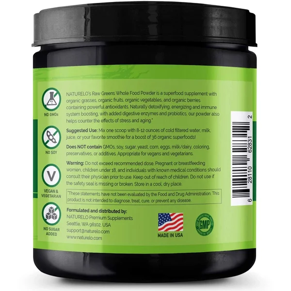 NATURELO Raw Greens Whole Food Powder Wild Berry Flavor - 60 Servings 480 G