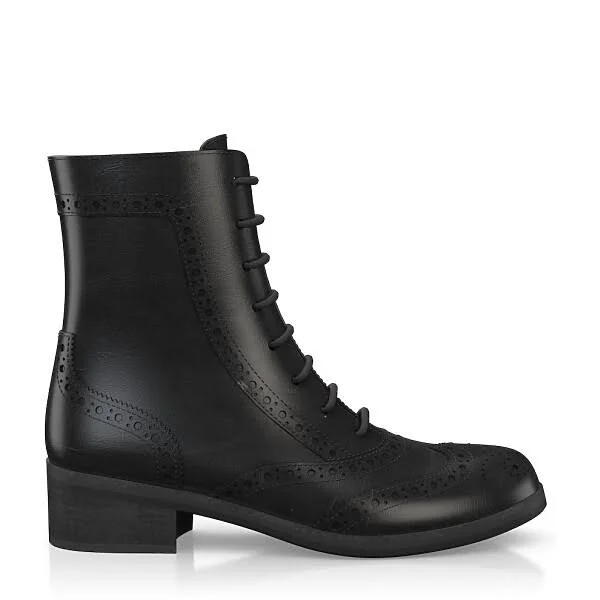 Women's Brogue Lace-Up Ankle Boots Large Size 4.5-13.5 Handmade with Black Leather - Laces, Zipper - Custom Design - Girotti