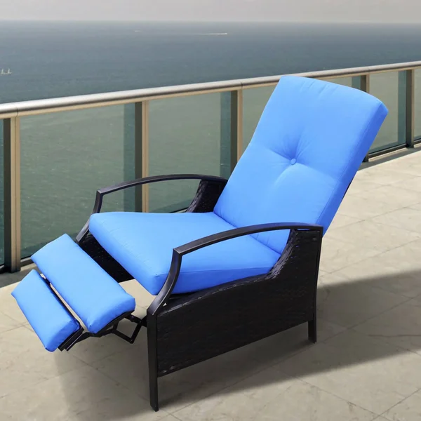 Outsunny Outdoor Rattan Recliner Chair with Cushion - Dark Brown - Blue