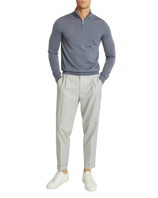 Reiss Blackhall - Merino Wool Zip Neck Jumper in Soft Grey Mouline, Mens, Size XL