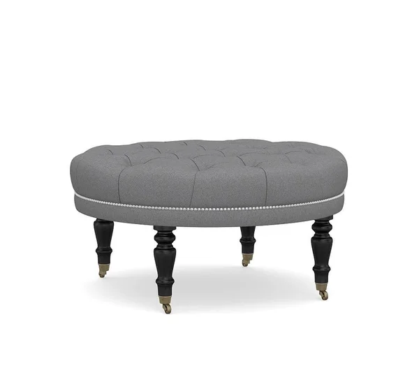 Raleigh Upholstered Round Ottoman with Turned Black Legs & Pewter Nailheads - Textured Twill Light Gray - Furniture - Ottoman