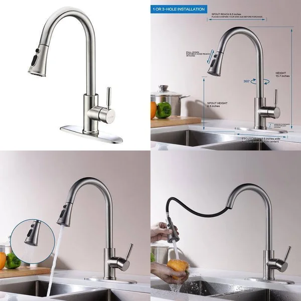 Kitchen Faucets with Pull Down Sprayer - Kablle Commercial Single Handle Brushed Nickel Kitchen Faucet, Single Level High Arch P